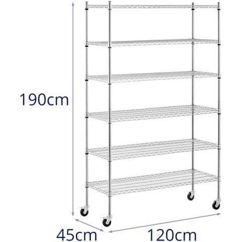 Regał magazynowy druciany ażurowy na kółkach 6 półek do 90 kg 120x45x189 cm Regał magazynowy druciany ażurowy na kółkach 6 półek do 90 kg 120x45x189 cm
