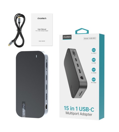 HUB Adapter M52 USB-C USB-A hdmi vga dp sd tf RJ45 aux PD szary HUB Adapter M52 USB-C USB-A hdmi vga dp sd tf RJ45 aux PD szary