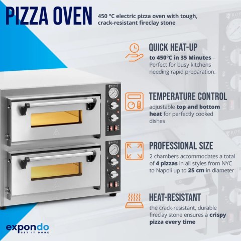 Piec do pizzy dwukomorowy z kamieniem szamotowym na 8 pizz śr. 25 cm 8400 W Piec do pizzy dwukomorowy z kamieniem szamotowym na 8 pizz śr. 25 cm 8400 W
