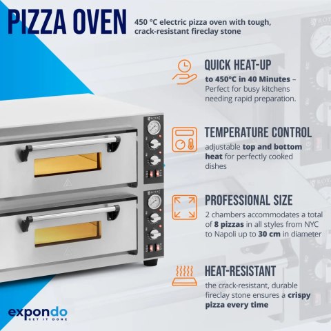 Piec do pizzy dwukomorowy z kamieniem szamotowym na 8 pizz śr. 30 cm 8400 W Piec do pizzy dwukomorowy z kamieniem szamotowym na 8 pizz śr. 30 cm 8400 W