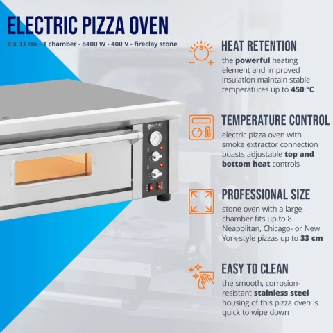 Piec do pizzy elektryczny z szamotem na 8 pizz śr. 33 cm 400 V 8400 W Piec do pizzy elektryczny z szamotem na 8 pizz śr. 33 cm 400 V 8400 W