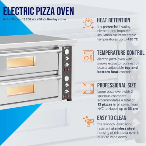 Piec do pizzy podwójny z szamotem na 12 pizz śr. 33 cm 400 V 13200 W Piec do pizzy podwójny z szamotem na 12 pizz śr. 33 cm 400 V 13200 W