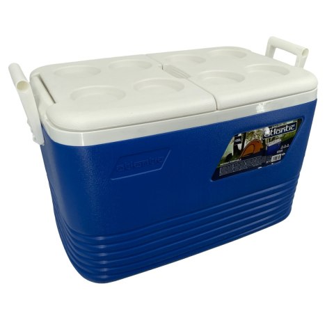 Lodówka turystyczna 60L Kamai Coolbox na wkłady mrożące, niebieska z miejscem na butelki na pokrywie Lodówka turystyczna 60L Kamai Coolbox na wkłady mrożące, niebieska z miejscem na butelki na pokrywie