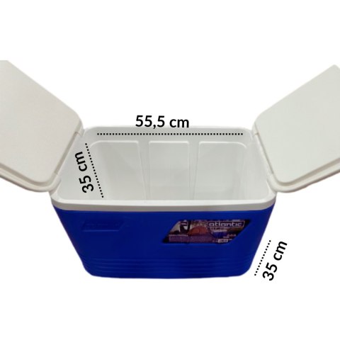 Lodówka turystyczna 60L Kamai Coolbox na wkłady mrożące, niebieska z miejscem na butelki na pokrywie Lodówka turystyczna 60L Kamai Coolbox na wkłady mrożące, niebieska z miejscem na butelki na pokrywie