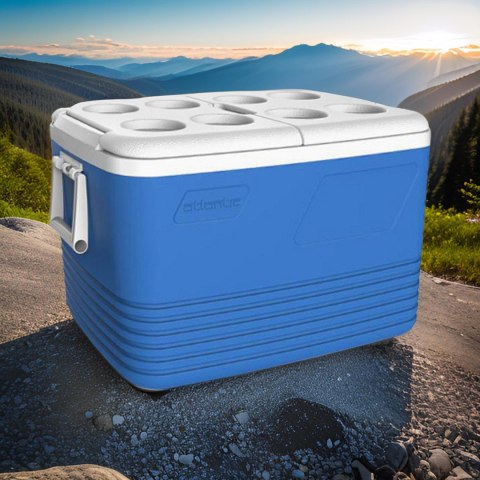 Lodówka turystyczna 60L Kamai Coolbox na wkłady mrożące, niebieska z miejscem na butelki na pokrywie Lodówka turystyczna 60L Kamai Coolbox na wkłady mrożące, niebieska z miejscem na butelki na pokrywie