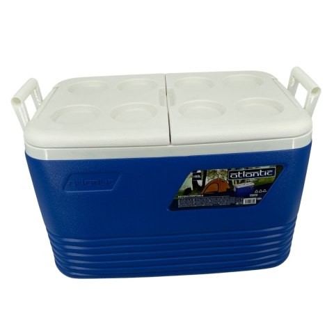 Lodówka turystyczna 60L Kamai Coolbox na wkłady mrożące, niebieska z miejscem na butelki na pokrywie Lodówka turystyczna 60L Kamai Coolbox na wkłady mrożące, niebieska z miejscem na butelki na pokrywie