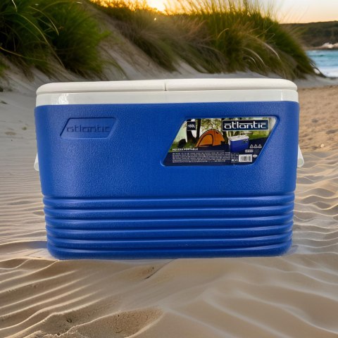 Lodówka turystyczna 60L Kamai Coolbox na wkłady mrożące, niebieska z miejscem na butelki na pokrywie Lodówka turystyczna 60L Kamai Coolbox na wkłady mrożące, niebieska z miejscem na butelki na pokrywie