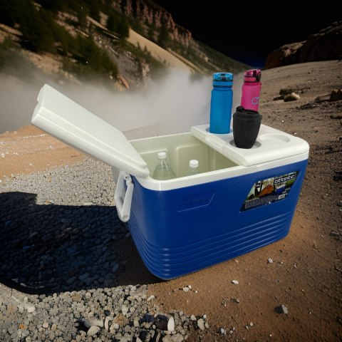 Lodówka turystyczna 60L Kamai Coolbox na wkłady mrożące, niebieska z miejscem na butelki na pokrywie Lodówka turystyczna 60L Kamai Coolbox na wkłady mrożące, niebieska z miejscem na butelki na pokrywie