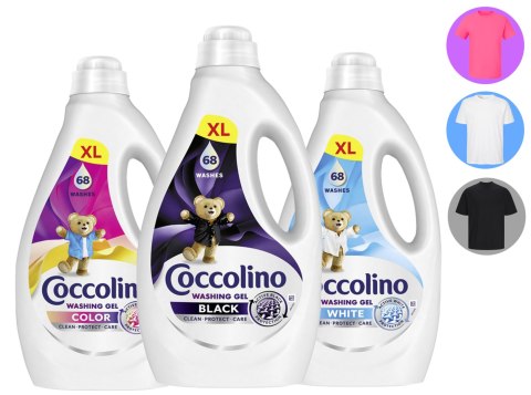 Zestaw 3 Płynów Coccolino XL Żel 68 Prań 2,72l Black + Color + White Zestaw 3 Płynów Coccolino XL Żel 68 Prań 2,72l Black + Color + White