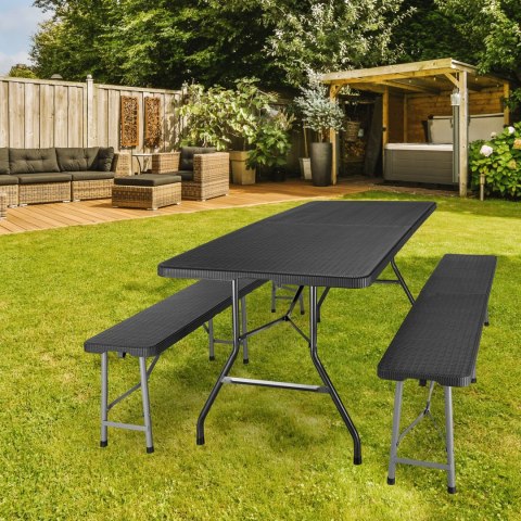 Zestaw cateringowy Rattan czarny stół 180 cm+ 2 ławki Zestaw cateringowy Rattan czarny stół 180 cm+ 2 ławki