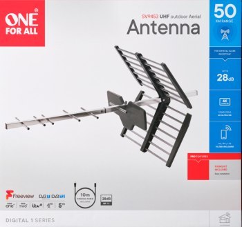 Antena zewnętrzna One For All SV9453 (filtr 5G), DVB-T/2, DAB, UHF, 4K, zasięg 50km Antena zewnętrzna One For All SV9453 (filtr 5G), DVB-T/2, DAB, UHF, 4K, zasięg 50km