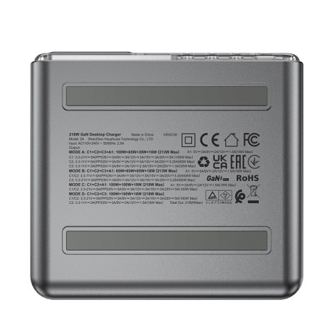 Stacja zasilania ładowarka PD 218W GaN z 4 portami 3x USB-C + USB-A szary Stacja zasilania ładowarka PD 218W GaN z 4 portami 3x USB-C + USB-A szary