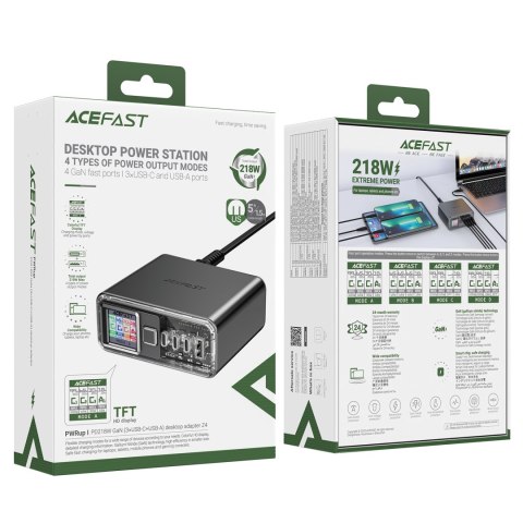 Stacja zasilania ładowarka PD 218W GaN z 4 portami 3x USB-C + USB-A szary Stacja zasilania ładowarka PD 218W GaN z 4 portami 3x USB-C + USB-A szary