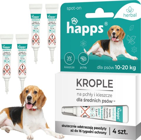 HAPPS Herbal - krople na pchły i kleszcze dla średnich psów 10 - 20kg 4szt. HAPPS Herbal - krople na pchły i kleszcze dla średnich psów 10 - 20kg 4szt.