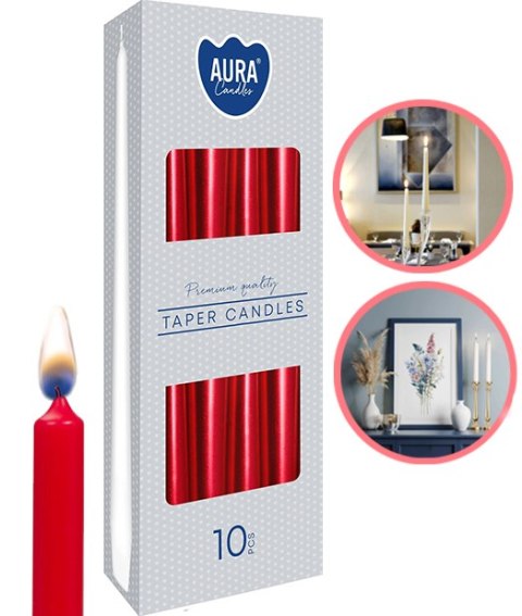AURA Świece Stołowe Stożkowe Czerwone-Metalik 7h 10 szt. s30-230 AURA Świece Stołowe Stożkowe Czerwone-Metalik 7h 10 szt. s30-230