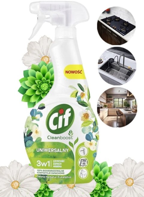 CIF Cleanboost Uniwersalny 3w1 Spray Czyszczacy Zielona Herbata i Eukaliptus CIF Cleanboost Uniwersalny 3w1 Spray Czyszczacy Zielona Herbata i Eukaliptus