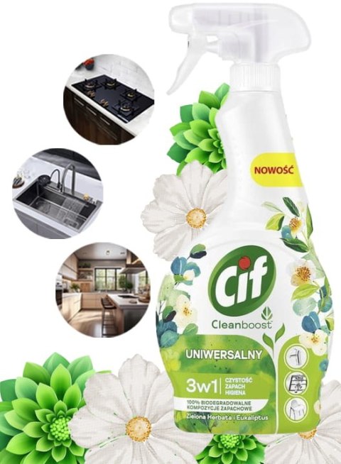 CIF Cleanboost Uniwersalny 3w1 Spray Czyszczacy Zielona Herbata i Eukaliptus CIF Cleanboost Uniwersalny 3w1 Spray Czyszczacy Zielona Herbata i Eukaliptus