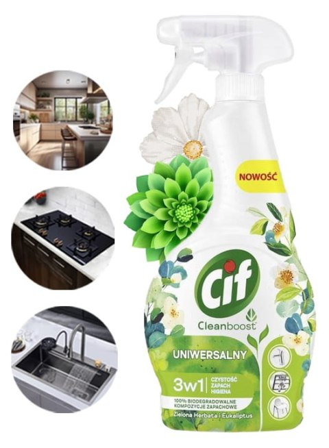 CIF Cleanboost Uniwersalny 3w1 Spray Czyszczacy Zielona Herbata i Eukaliptus CIF Cleanboost Uniwersalny 3w1 Spray Czyszczacy Zielona Herbata i Eukaliptus