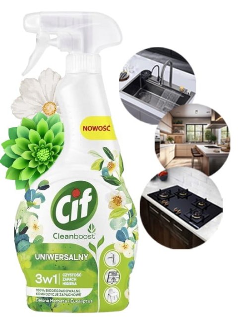 CIF Cleanboost Uniwersalny 3w1 Spray Czyszczacy Zielona Herbata i Eukaliptus CIF Cleanboost Uniwersalny 3w1 Spray Czyszczacy Zielona Herbata i Eukaliptus