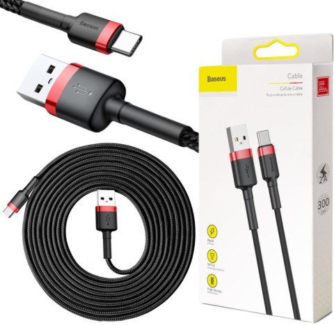 KABEL USB-A / USB-C Baseus Cafule CATKLF-U91 300cm 2A QC 3.0 CZARNO-CZERWONY W OPLOCIE KABEL USB-A / USB-C Baseus Cafule CATKLF-U91 300cm 2A QC 3.0 CZARNO-CZERWONY W OPLOCIE