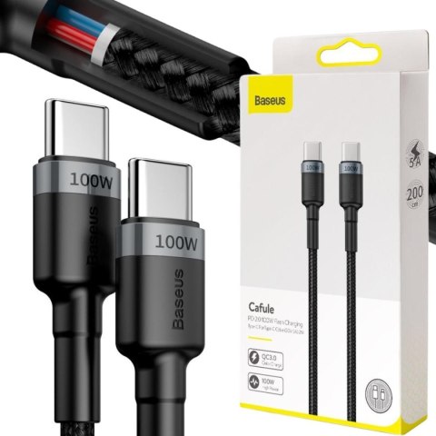 KABEL USB-C / USB-C Baseus Cafule CATKLF-ALG1 200cm 100W 5A PD 2.0 QC 3.0 CZARNO-SZARY W OPLOCIE KABEL USB-C / USB-C Baseus Cafule CATKLF-ALG1 200cm 100W 5A PD 2.0 QC 3.0 CZARNO-SZARY W OPLOCIE