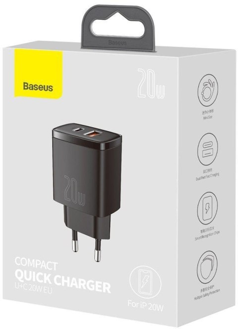 ŁADOWARKA SIECIOWA Baseus Compact Quick Charger CCXJ-B01 20W 1x USB-A 1x USB-C PD 3.0 QC 3.0 CZARNA ŁADOWARKA SIECIOWA Baseus Compact Quick Charger CCXJ-B01 20W 1x USB-A 1x USB-C PD 3.0 QC 3.0 CZARNA