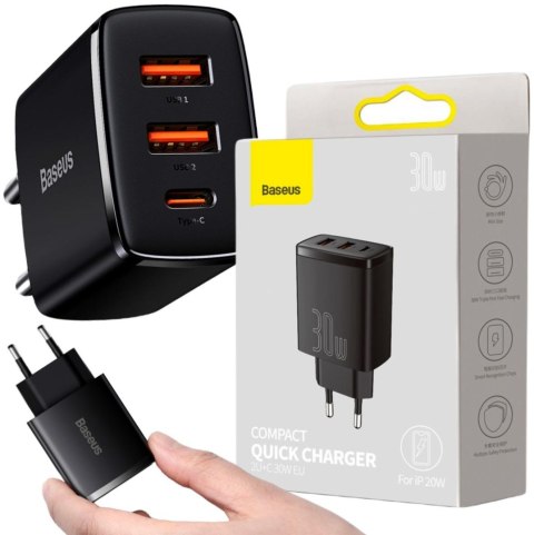 ŁADOWARKA SIECIOWA Baseus Compact Quick Charger CCXJ-E01 30W 2x USB-A 1x USB-C PD 3.0 QC 3.0 CZARNA ŁADOWARKA SIECIOWA Baseus Compact Quick Charger CCXJ-E01 30W 2x USB-A 1x USB-C PD 3.0 QC 3.0 CZARNA
