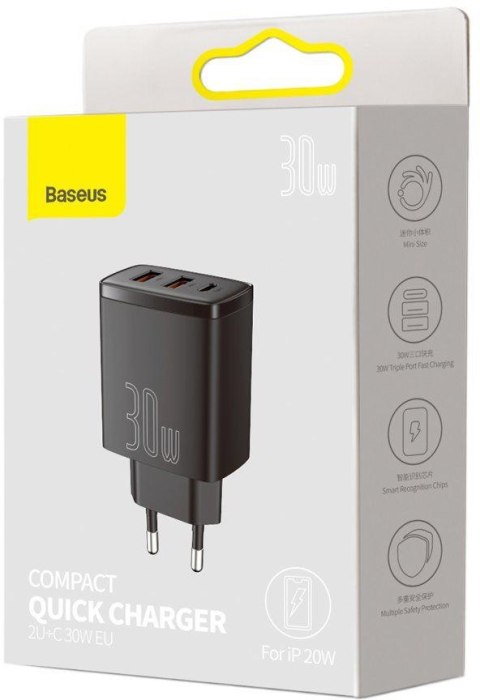 ŁADOWARKA SIECIOWA Baseus Compact Quick Charger CCXJ-E01 30W 2x USB-A 1x USB-C PD 3.0 QC 3.0 CZARNA ŁADOWARKA SIECIOWA Baseus Compact Quick Charger CCXJ-E01 30W 2x USB-A 1x USB-C PD 3.0 QC 3.0 CZARNA