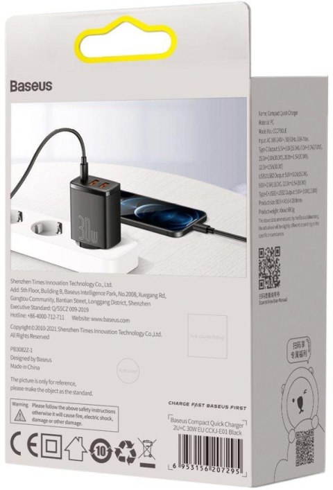 ŁADOWARKA SIECIOWA Baseus Compact Quick Charger CCXJ-E01 30W 2x USB-A 1x USB-C PD 3.0 QC 3.0 CZARNA ŁADOWARKA SIECIOWA Baseus Compact Quick Charger CCXJ-E01 30W 2x USB-A 1x USB-C PD 3.0 QC 3.0 CZARNA