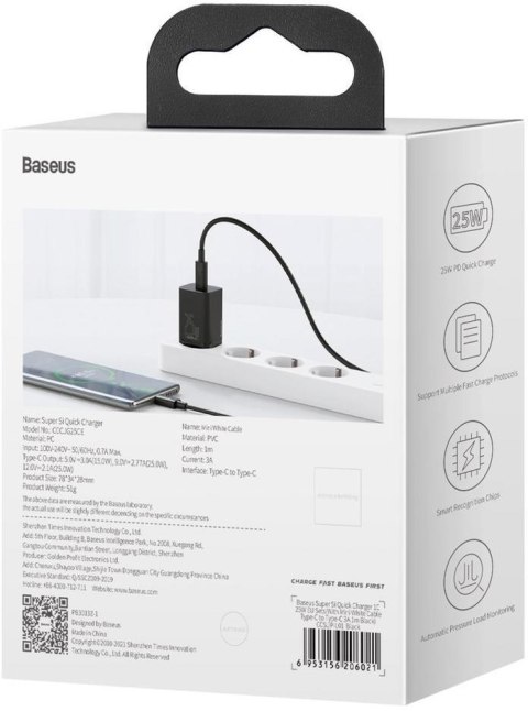 ŁADOWARKA SIECIOWA Baseus Super Si Quick Charger 1C TZCCSUP-L01 25W 1x USB-C PD 3.0 QC 3.0 + KABEL ŁADOWARKA SIECIOWA Baseus Super Si Quick Charger 1C TZCCSUP-L01 25W 1x USB-C PD 3.0 QC 3.0 + KABEL