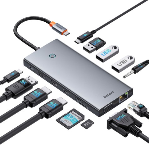 13w1 HUB adapter PortalJoy Series USB-C HDMI DP VGA USB-A PD RJ45 SD TF AUX - szary 13w1 HUB adapter PortalJoy Series USB-C HDMI DP VGA USB-A PD RJ45 SD TF AUX - szary