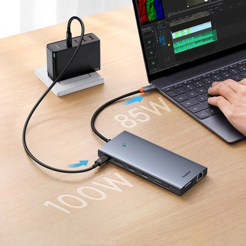 13w1 HUB adapter PortalJoy Series USB-C HDMI DP VGA USB-A PD RJ45 SD TF AUX - szary 13w1 HUB adapter PortalJoy Series USB-C HDMI DP VGA USB-A PD RJ45 SD TF AUX - szary