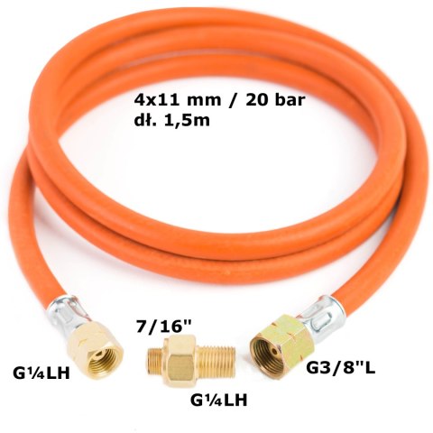 Podłączenie redukcja do butli gazowej turystycznej G 3/8" L - 7/16" wąż 1,5m Podłączenie redukcja do butli gazowej turystycznej G 3/8" L - 7/16" wąż 1,5m