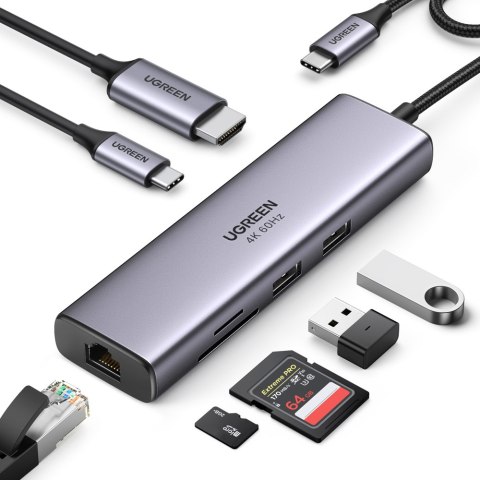 7w1 wielofunkcyjny HUB USB-C - 2x USB HDMI 4K czytnik kart SD i TF USB-C RJ45 1Gbps szary 7w1 wielofunkcyjny HUB USB-C - 2x USB HDMI 4K czytnik kart SD i TF USB-C RJ45 1Gbps szary