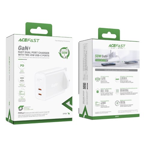 Ładowarka sieciowa angielska A32 GaN dwa porty USB-C PD 50W wtyczka UK biały Ładowarka sieciowa angielska A32 GaN dwa porty USB-C PD 50W wtyczka UK biały