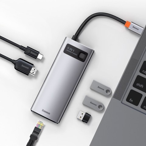 Wielofunkcyjny HUB 6w1 USB USB-C PD HDMI 3x USB 3.2 RJ45 Szary Wielofunkcyjny HUB 6w1 USB USB-C PD HDMI 3x USB 3.2 RJ45 Szary