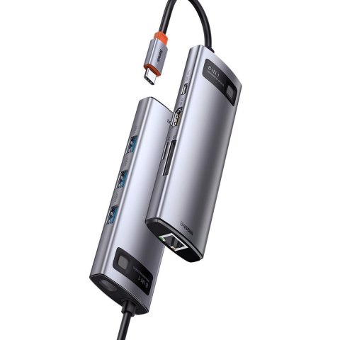 Wielofunkcyjny HUB 8w1 USB USB-C PD 100W HDMI czytnik kart SD i microSD 3x USB 3.2 RJ45 Szary Wielofunkcyjny HUB 8w1 USB USB-C PD 100W HDMI czytnik kart SD i microSD 3x USB 3.2 RJ45 Szary