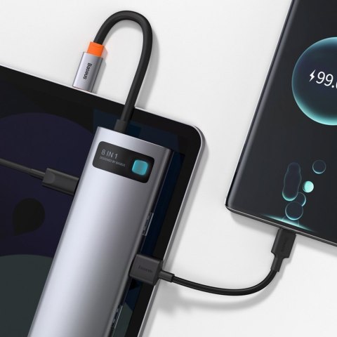 Wielofunkcyjny HUB 8w1 USB USB-C PD 100W HDMI czytnik kart SD i microSD 3x USB 3.2 RJ45 Szary Wielofunkcyjny HUB 8w1 USB USB-C PD 100W HDMI czytnik kart SD i microSD 3x USB 3.2 RJ45 Szary