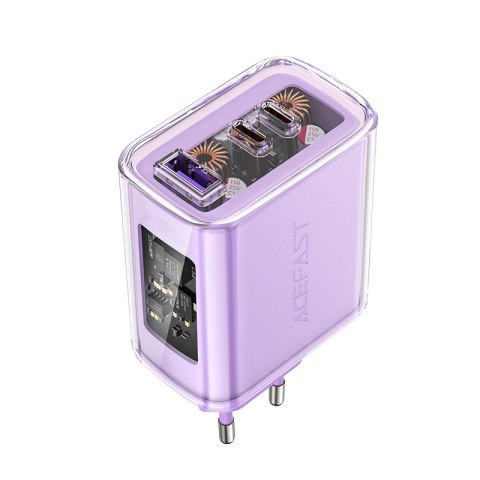 Ładowarka sieciowa GaN 65W 3 porty 1x USB 2x USB-C fioletowa Ładowarka sieciowa GaN 65W 3 porty 1x USB 2x USB-C fioletowa