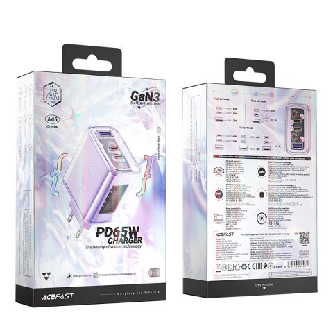 Ładowarka sieciowa GaN 65W 3 porty 1x USB 2x USB-C fioletowa Ładowarka sieciowa GaN 65W 3 porty 1x USB 2x USB-C fioletowa