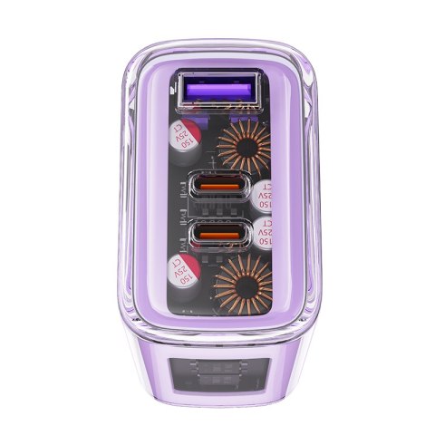 Ładowarka sieciowa GaN 65W 3 porty 1x USB 2x USB-C fioletowa Ładowarka sieciowa GaN 65W 3 porty 1x USB 2x USB-C fioletowa