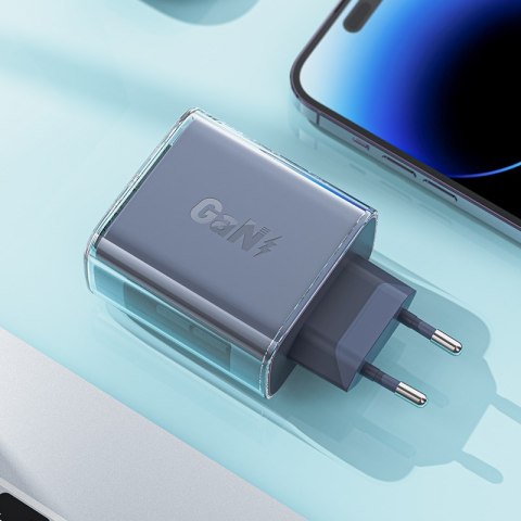 Ładowarka sieciowa GaN 65W 3 porty 1x USB 2x USB-C fioletowa Ładowarka sieciowa GaN 65W 3 porty 1x USB 2x USB-C fioletowa