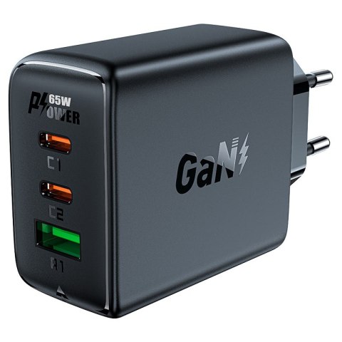 Szybka ładowarka sieciowa GaN 2x USB-C USB-A PPS PD QC4+ 65W czarna Szybka ładowarka sieciowa GaN 2x USB-C USB-A PPS PD QC4+ 65W czarna