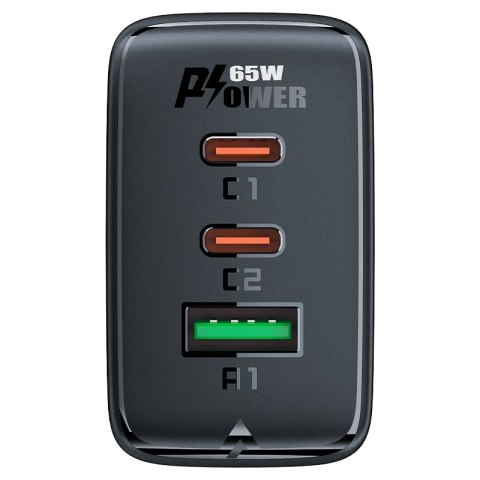 Szybka ładowarka sieciowa GaN 2x USB-C USB-A PPS PD QC4+ 65W czarna Szybka ładowarka sieciowa GaN 2x USB-C USB-A PPS PD QC4+ 65W czarna