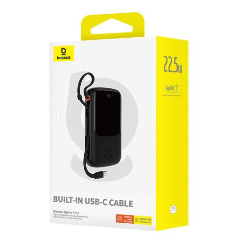 Powerbank Qpow Pro+ 10000mAh z kablem USB-C i wyświetlaczem - czarny Powerbank Qpow Pro+ 10000mAh z kablem USB-C i wyświetlaczem - czarny