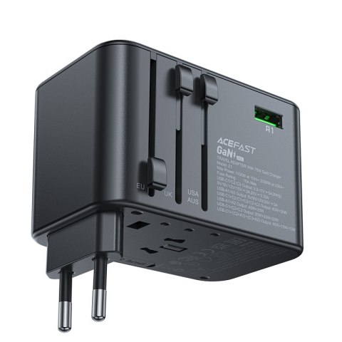Uniwersalna ładowarka podróżna GaN 2x USB-A 3x USB-C wtyczki UK EU USA AUS czarna Uniwersalna ładowarka podróżna GaN 2x USB-A 3x USB-C wtyczki UK EU USA AUS czarna
