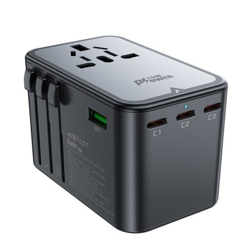 Uniwersalna ładowarka podróżna GaN 2x USB-A 3x USB-C wtyczki UK EU USA AUS czarna Uniwersalna ładowarka podróżna GaN 2x USB-A 3x USB-C wtyczki UK EU USA AUS czarna