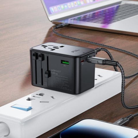 Uniwersalna ładowarka podróżna GaN 2x USB-A 3x USB-C wtyczki UK EU USA AUS czarna Uniwersalna ładowarka podróżna GaN 2x USB-A 3x USB-C wtyczki UK EU USA AUS czarna