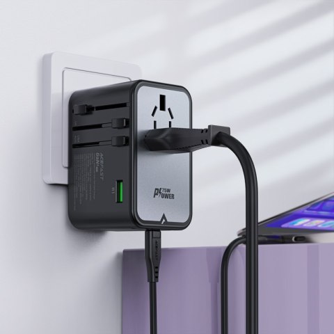 Uniwersalna ładowarka podróżna GaN 2x USB-A 3x USB-C wtyczki UK EU USA AUS czarna Uniwersalna ładowarka podróżna GaN 2x USB-A 3x USB-C wtyczki UK EU USA AUS czarna