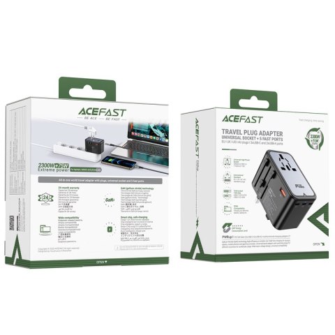Uniwersalna ładowarka podróżna GaN 2x USB-A 3x USB-C wtyczki UK EU USA AUS czarna Uniwersalna ładowarka podróżna GaN 2x USB-A 3x USB-C wtyczki UK EU USA AUS czarna